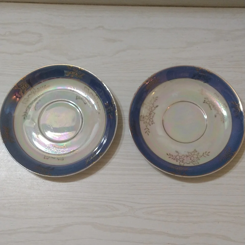 Vintage 1950's Iridescent Mother of Pearl w Blue Band and Gold Design Tea Set - Picture 5 of 7